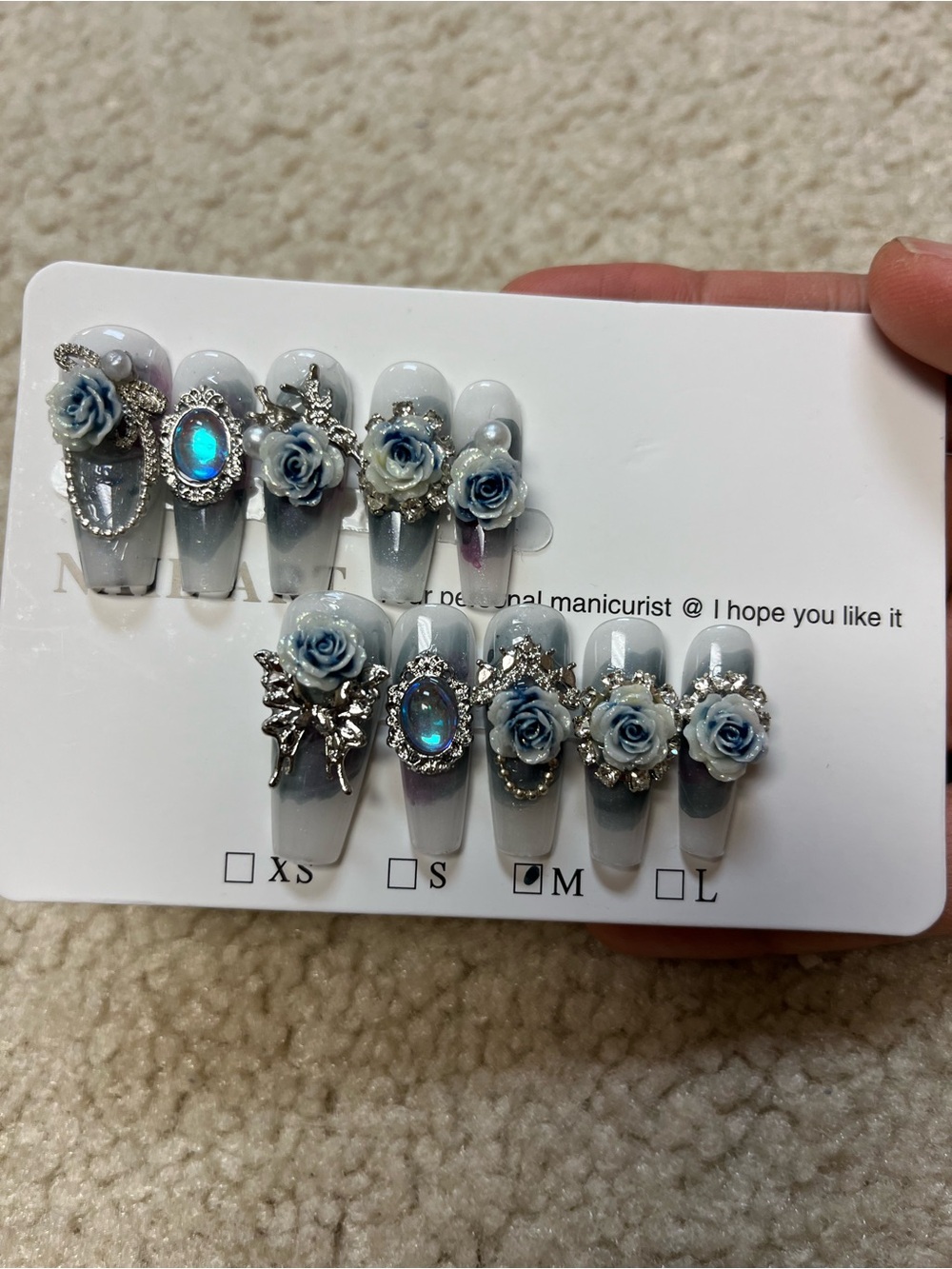 Handcrafted Gray Floral 3D Press-On Nail Set